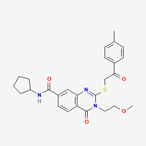 molecular formula C26H29N3O4S B2581334 N-cyclopentyl-3-(2-methoxyethyl)-2-{[2-(4-methylphenyl)-2-oxoethyl]sulfanyl}-4-oxo-3,4-dihydroquinazoline-7-carboxamide CAS No. 932457-59-5