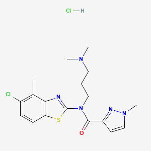molecular formula C18H23Cl2N5OS B2581373 N-(5-chloro-4-methyl-1,3-benzothiazol-2-yl)-N-[3-(dimethylamino)propyl]-1-methyl-1H-pyrazole-3-carboxamide hydrochloride CAS No. 1323490-54-5