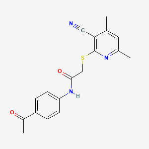 molecular formula C18H17N3O2S B2581510 N-(4-acetylphenyl)-2-((3-cyano-4,6-dimethylpyridin-2-yl)thio)acetamide CAS No. 332161-02-1