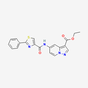 molecular formula C20H16N4O3S B2581678 Ethyl 5-(2-phenylthiazole-4-carboxamido)pyrazolo[1,5-a]pyridine-3-carboxylate CAS No. 1396678-86-6