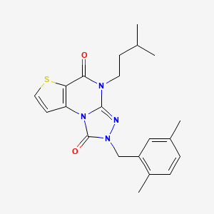 molecular formula C21H24N4O2S B2582153 2-(2,5-DIMETHYLBENZYL)-4-ISOPENTYL-2,4-DIHYDROTHIENO[2,3-E][1,2,4]TRIAZOLO[4,3-A]PYRIMIDINE-1,5-DIONE CAS No. 1359458-77-7