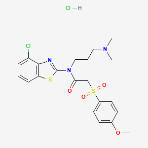 molecular formula C21H25Cl2N3O4S2 B2582760 N-(4-CHLORO-1,3-BENZOTHIAZOL-2-YL)-N-[3-(DIMETHYLAMINO)PROPYL]-2-(4-METHOXYBENZENESULFONYL)ACETAMIDE HYDROCHLORIDE CAS No. 1215784-66-9