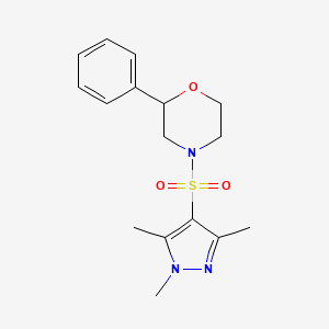 molecular formula C16H21N3O3S B2582775 2-phenyl-4-((1,3,5-trimethyl-1H-pyrazol-4-yl)sulfonyl)morpholine CAS No. 1448059-24-2