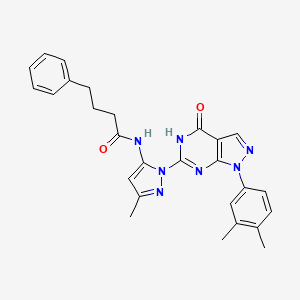 molecular formula C27H27N7O2 B2582777 N-(1-(1-(3,4-dimethylphenyl)-4-oxo-4,5-dihydro-1H-pyrazolo[3,4-d]pyrimidin-6-yl)-3-methyl-1H-pyrazol-5-yl)-4-phenylbutanamide CAS No. 1172286-98-4