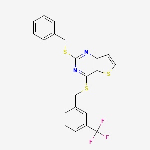 molecular formula C21H15F3N2S3 B2582778 2-(Benzylsulfanyl)-4-{[3-(trifluoromethyl)benzyl]sulfanyl}thieno[3,2-d]pyrimidine CAS No. 478067-44-6
