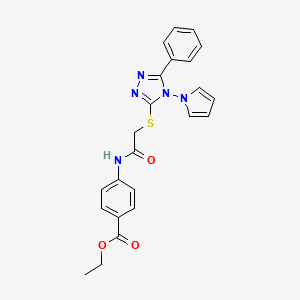 molecular formula C23H21N5O3S B2583011 ethyl 4-(2-{[5-phenyl-4-(1H-pyrrol-1-yl)-4H-1,2,4-triazol-3-yl]sulfanyl}acetamido)benzoate CAS No. 896296-78-9