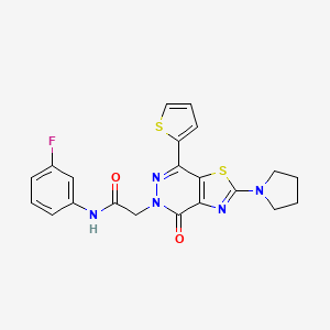 molecular formula C21H18FN5O2S2 B2583103 N-(3-fluorophenyl)-2-(4-oxo-2-(pyrrolidin-1-yl)-7-(thiophen-2-yl)thiazolo[4,5-d]pyridazin-5(4H)-yl)acetamide CAS No. 1105232-98-1