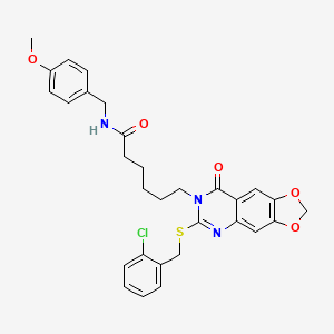 molecular formula C30H30ClN3O5S B2583279 6-[6-[(2-chlorobenzyl)thio]-8-oxo[1,3]dioxolo[4,5-g]quinazolin-7(8H)-yl]-N-(4-methoxybenzyl)hexanamide CAS No. 688060-90-4