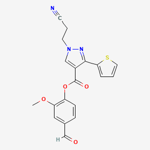 molecular formula C19H15N3O4S B2583440 (4-Formyl-2-methoxyphenyl) 1-(2-cyanoethyl)-3-thiophen-2-ylpyrazole-4-carboxylate CAS No. 956959-42-5