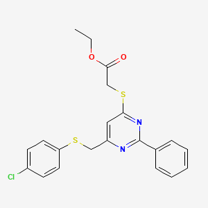 molecular formula C21H19ClN2O2S2 B2583443 Ethyl 2-[(6-{[(4-chlorophenyl)sulfanyl]methyl}-2-phenyl-4-pyrimidinyl)sulfanyl]acetate CAS No. 303147-16-2
