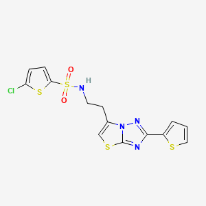 molecular formula C14H11ClN4O2S4 B2583494 5-chloro-N-{2-[2-(thiophen-2-yl)-[1,2,4]triazolo[3,2-b][1,3]thiazol-6-yl]ethyl}thiophene-2-sulfonamide CAS No. 946357-44-4