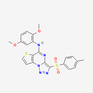 molecular formula C22H19N5O4S2 B2583799 N-(2,5-dimethoxyphenyl)-10-(4-methylbenzenesulfonyl)-5-thia-1,8,11,12-tetraazatricyclo[7.3.0.0^{2,6}]dodeca-2(6),3,7,9,11-pentaen-7-amine CAS No. 892733-64-1