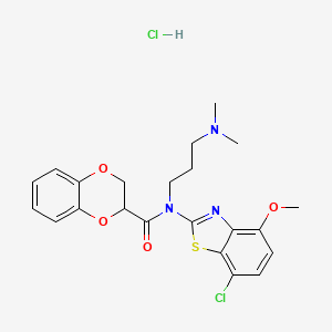 molecular formula C22H25Cl2N3O4S B2584391 N-(7-CHLORO-4-METHOXY-1,3-BENZOTHIAZOL-2-YL)-N-[3-(DIMETHYLAMINO)PROPYL]-2,3-DIHYDRO-1,4-BENZODIOXINE-2-CARBOXAMIDE HYDROCHLORIDE CAS No. 1219192-62-7