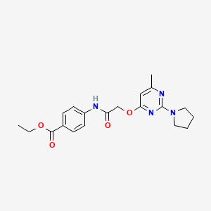 molecular formula C20H24N4O4 B2584572 Ethyl 4-(2-{[6-methyl-2-(pyrrolidin-1-YL)pyrimidin-4-YL]oxy}acetamido)benzoate CAS No. 1031961-94-0