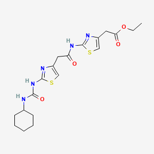 molecular formula C19H25N5O4S2 B2584675 Ethyl 2-(2-(2-(2-(3-cyclohexylureido)thiazol-4-yl)acetamido)thiazol-4-yl)acetate CAS No. 921875-02-7
