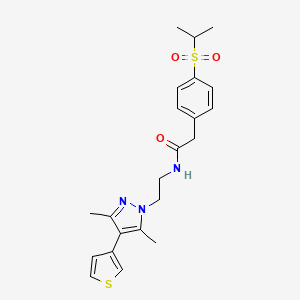 molecular formula C22H27N3O3S2 B2584676 N-(2-(3,5-dimethyl-4-(thiophen-3-yl)-1H-pyrazol-1-yl)ethyl)-2-(4-(isopropylsulfonyl)phenyl)acetamide CAS No. 2034325-31-8