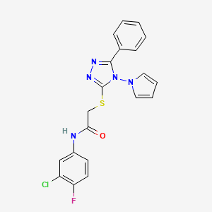 molecular formula C20H15ClFN5OS B2584832 N-(3-chloro-4-fluorophenyl)-2-{[5-phenyl-4-(1H-pyrrol-1-yl)-4H-1,2,4-triazol-3-yl]sulfanyl}acetamide CAS No. 903278-23-9