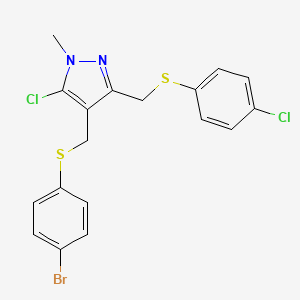 molecular formula C18H15BrCl2N2S2 B2585379 4-{[(4-bromophenyl)sulfanyl]methyl}-5-chloro-3-{[(4-chlorophenyl)sulfanyl]methyl}-1-methyl-1H-pyrazole CAS No. 318234-31-0