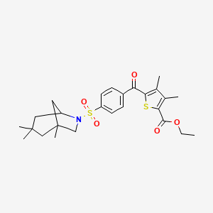 molecular formula C26H33NO5S2 B2585403 Ethyl 3,4-dimethyl-5-(4-((1,3,3-trimethyl-6-azabicyclo[3.2.1]octan-6-yl)sulfonyl)benzoyl)thiophene-2-carboxylate CAS No. 394227-35-1