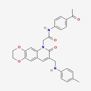 molecular formula C29H27N3O5 B2585405 N-(4-acetylphenyl)-2-(7-oxo-8-((p-tolylamino)methyl)-2,3-dihydro-[1,4]dioxino[2,3-g]quinolin-6(7H)-yl)acetamide CAS No. 932308-83-3