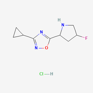 molecular formula C9H13ClFN3O B2585475 3-Cyclopropyl-5-(4-fluoropyrrolidin-2-yl)-1,2,4-oxadiazole hydrochloride CAS No. 2097932-65-3