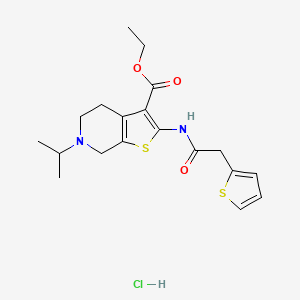 molecular formula C19H25ClN2O3S2 B2585582 ethyl 6-(propan-2-yl)-2-[2-(thiophen-2-yl)acetamido]-4H,5H,6H,7H-thieno[2,3-c]pyridine-3-carboxylate hydrochloride CAS No. 1329628-59-2