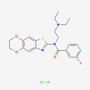 molecular formula C22H25ClFN3O3S B2585663 N-[2-(diethylamino)ethyl]-N-(6,7-dihydro-[1,4]dioxino[2,3-f][1,3]benzothiazol-2-yl)-3-fluorobenzamide;hydrochloride CAS No. 1216428-97-5
