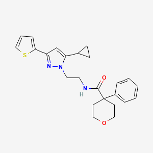 molecular formula C24H27N3O2S B2585899 N-{2-[5-cyclopropyl-3-(thiophen-2-yl)-1H-pyrazol-1-yl]ethyl}-4-phenyloxane-4-carboxamide CAS No. 1797672-19-5