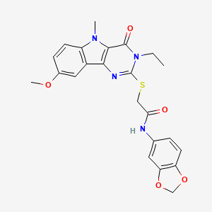 molecular formula C23H22N4O5S B2585986 N-(2H-1,3-benzodioxol-5-yl)-2-({3-ethyl-8-methoxy-5-methyl-4-oxo-3H,4H,5H-pyrimido[5,4-b]indol-2-yl}sulfanyl)acetamide CAS No. 1112399-76-4