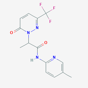molecular formula C14H13F3N4O2 B2586226 N-(5-methylpyridin-2-yl)-2-[6-oxo-3-(trifluoromethyl)-1,6-dihydropyridazin-1-yl]propanamide CAS No. 2380188-63-4