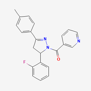 molecular formula C22H18FN3O B2586280 3-[5-(2-fluorophenyl)-3-(4-methylphenyl)-4,5-dihydro-1H-pyrazole-1-carbonyl]pyridine CAS No. 402951-35-3