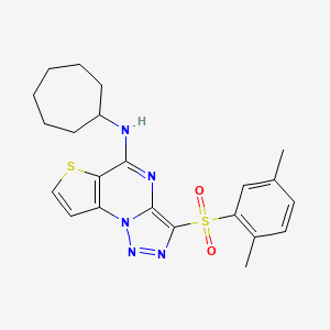molecular formula C22H25N5O2S2 B2586295 N-cycloheptyl-10-(2,5-dimethylbenzenesulfonyl)-5-thia-1,8,11,12-tetraazatricyclo[7.3.0.0^{2,6}]dodeca-2(6),3,7,9,11-pentaen-7-amine CAS No. 892745-35-6