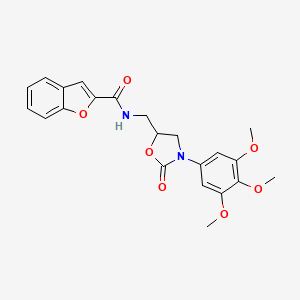 molecular formula C22H22N2O7 B2586315 N-((2-oxo-3-(3,4,5-trimethoxyphenyl)oxazolidin-5-yl)methyl)benzofuran-2-carboxamide CAS No. 955265-75-5