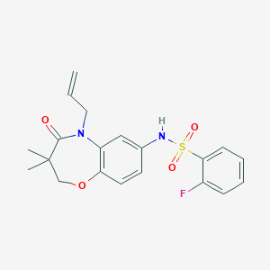 molecular formula C20H21FN2O4S B2586370 N-(5-烯丙基-3,3-二甲基-4-氧代-2,3,4,5-四氢苯并[b][1,4]恶杂环庚-7-基)-2-氟苯磺酰胺 CAS No. 922024-40-6