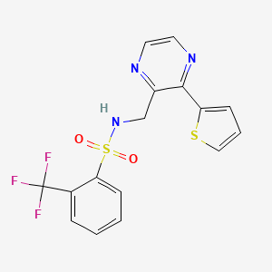 molecular formula C16H12F3N3O2S2 B2586392 N-((3-(thiophen-2-yl)pyrazin-2-yl)methyl)-2-(trifluoromethyl)benzenesulfonamide CAS No. 2034313-65-8