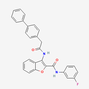 molecular formula C29H21FN2O3 B2586513 3-(2-([1,1'-biphenyl]-4-yl)acetamido)-N-(3-fluorophenyl)benzofuran-2-carboxamide CAS No. 887882-13-5