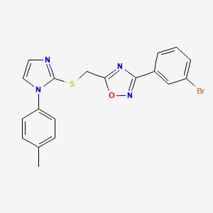 molecular formula C19H15BrN4OS B2586584 3-(3-bromophenyl)-5-(((1-(p-tolyl)-1H-imidazol-2-yl)thio)methyl)-1,2,4-oxadiazole CAS No. 1111965-96-8