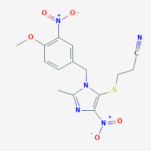 molecular formula C15H15N5O5S B025866 Propanenitrile, 3-((1-((4-methoxy-3-nitrophenyl)methyl)-2-methyl-4-nitro-1H-imidazol-5-yl)thio)- CAS No. 110579-04-9
