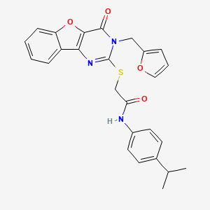 molecular formula C26H23N3O4S B2586600 2-((3-(furan-2-ylmethyl)-4-oxo-3,4-dihydrobenzofuro[3,2-d]pyrimidin-2-yl)thio)-N-(4-isopropylphenyl)acetamide CAS No. 892300-70-8