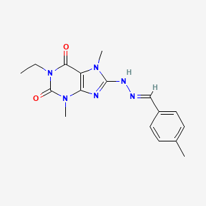 molecular formula C17H20N6O2 B2586673 (E)-1-ethyl-3,7-dimethyl-8-(2-(4-methylbenzylidene)hydrazinyl)-1H-purine-2,6(3H,7H)-dione CAS No. 1203433-79-7