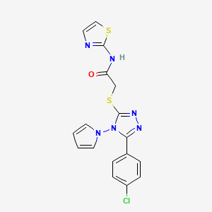 molecular formula C17H13ClN6OS2 B2586678 2-{[5-(4-chlorophenyl)-4-(1H-pyrrol-1-yl)-4H-1,2,4-triazol-3-yl]sulfanyl}-N-(1,3-thiazol-2-yl)acetamide CAS No. 898469-43-7