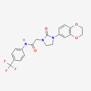 molecular formula C20H18F3N3O4 B2586695 2-(3-(2,3-dihydrobenzo[b][1,4]dioxin-6-yl)-2-oxoimidazolidin-1-yl)-N-(4-(trifluoromethyl)phenyl)acetamide CAS No. 1286721-23-0