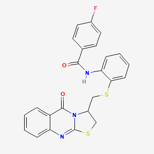 molecular formula C24H18FN3O2S2 B2586699 4-fluoro-N-(2-{[(5-oxo-2,3-dihydro-5H-[1,3]thiazolo[2,3-b]quinazolin-3-yl)methyl]sulfanyl}phenyl)benzenecarboxamide CAS No. 477868-79-4