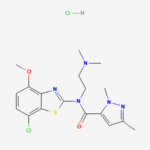 molecular formula C18H23Cl2N5O2S B2586742 N-(7-chloro-4-methoxybenzo[d]thiazol-2-yl)-N-(2-(dimethylamino)ethyl)-1,3-dimethyl-1H-pyrazole-5-carboxamide hydrochloride CAS No. 1215505-50-2