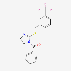 molecular formula C18H15F3N2OS B2586816 phenyl(2-((3-(trifluoromethyl)benzyl)thio)-4,5-dihydro-1H-imidazol-1-yl)methanone CAS No. 851805-58-8