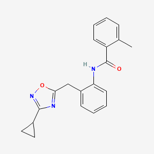molecular formula C20H19N3O2 B2586852 N-{2-[(3-Cyclopropyl-1,2,4-oxadiazol-5-YL)methyl]phenyl}-2-methylbenzamide CAS No. 1797138-65-8