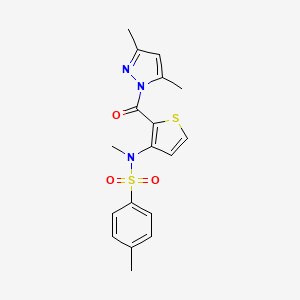 molecular formula C18H19N3O3S2 B2586923 N-[2-(3,5-dimethyl-1H-pyrazole-1-carbonyl)thiophen-3-yl]-N,4-dimethylbenzene-1-sulfonamide CAS No. 1173787-17-1