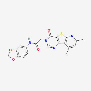 molecular formula C20H16N4O4S B2586985 N-(1,3-benzodioxol-5-yl)-2-(11,13-dimethyl-6-oxo-8-thia-3,5,10-triazatricyclo[7.4.0.02,7]trideca-1(9),2(7),3,10,12-pentaen-5-yl)acetamide CAS No. 946385-17-7