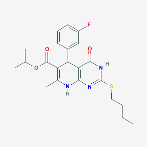 molecular formula C22H26FN3O3S B2587030 Isopropyl 2-(butylthio)-5-(3-fluorophenyl)-7-methyl-4-oxo-3,4,5,8-tetrahydropyrido[2,3-d]pyrimidine-6-carboxylate CAS No. 923835-24-9