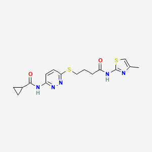 molecular formula C16H19N5O2S2 B2587071 N-(6-((4-((4-methylthiazol-2-yl)amino)-4-oxobutyl)thio)pyridazin-3-yl)cyclopropanecarboxamide CAS No. 1021226-06-1